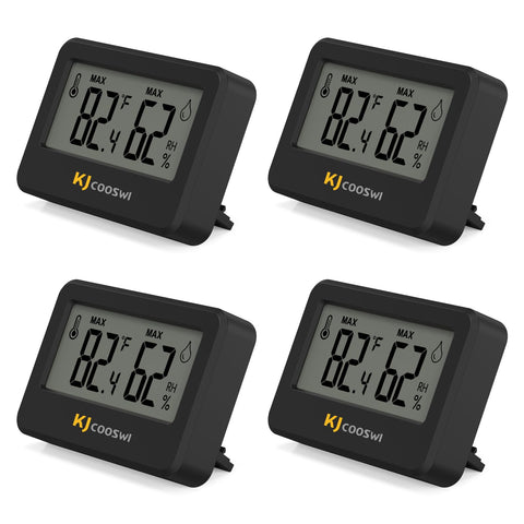 KJCOOSWI mini hygrometer with tabletop stand and magnetic back for flexible placement.