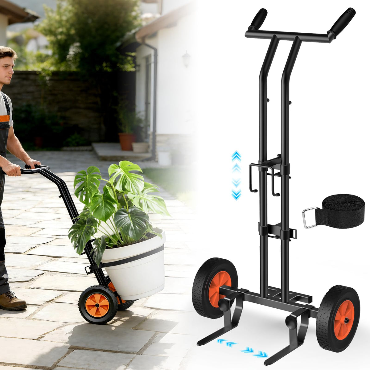 KJX plant caddy with wheels shows ergonomic handle for smooth transport