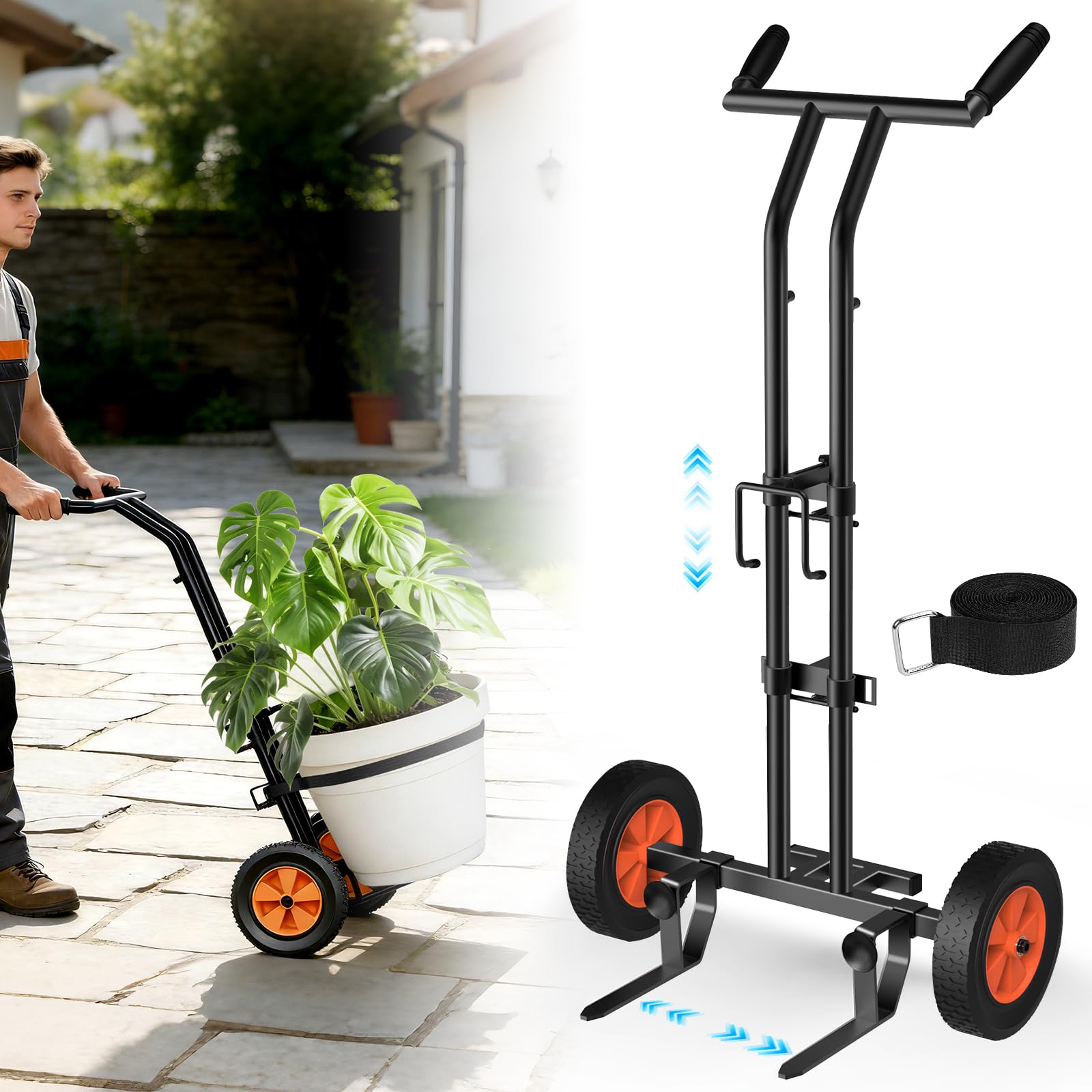 KJX plant caddy with wheels shows ergonomic handle for smooth transport