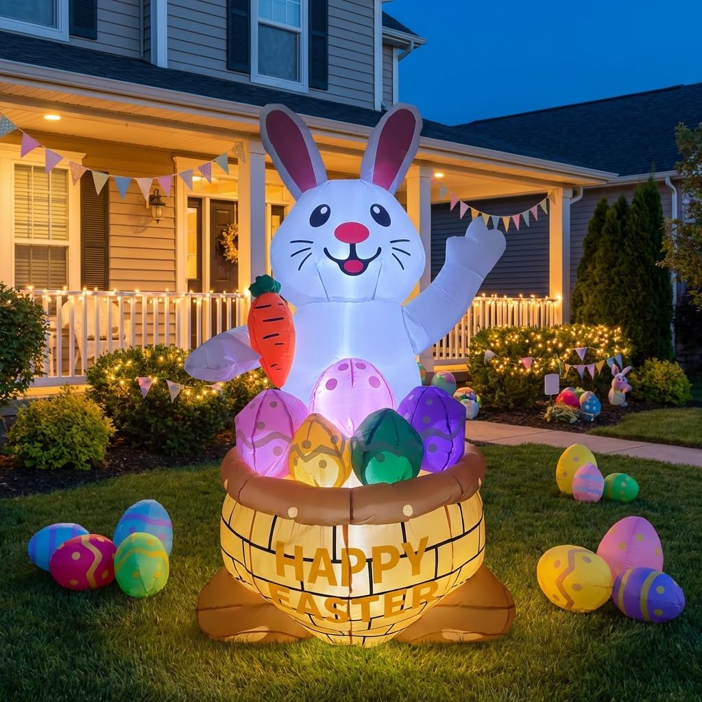 KKZACONL 6ft easter inflatable bunny outdoors with built-in LED lights for festive yard visibility.