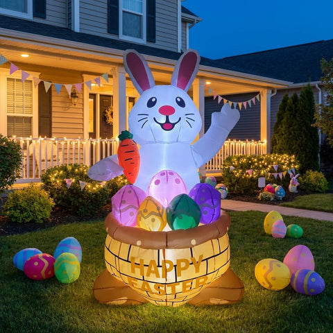 KKZACONL 6ft easter inflatable bunny outdoors with built-in LED lights for festive yard visibility.