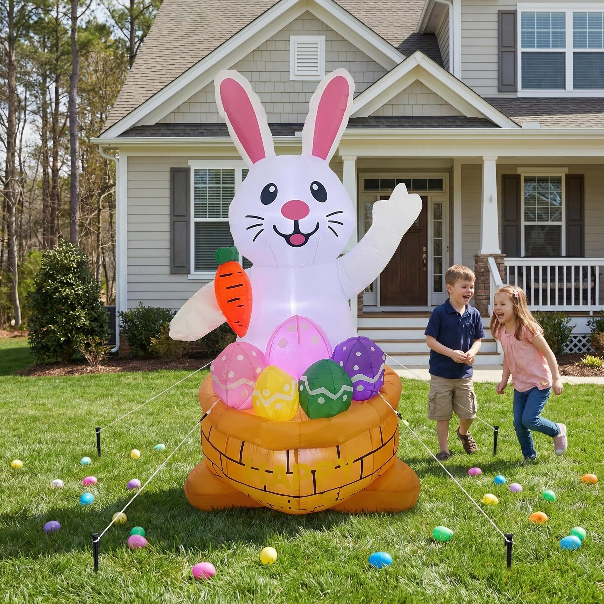 KKZACONL easter inflatable bunny lit at night enhances outdoor ambiance.
