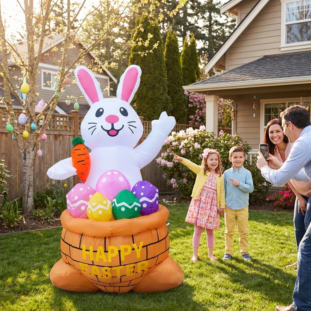 KKZACONL inflatable bunny at night with LED lights increases night-time visibility.
