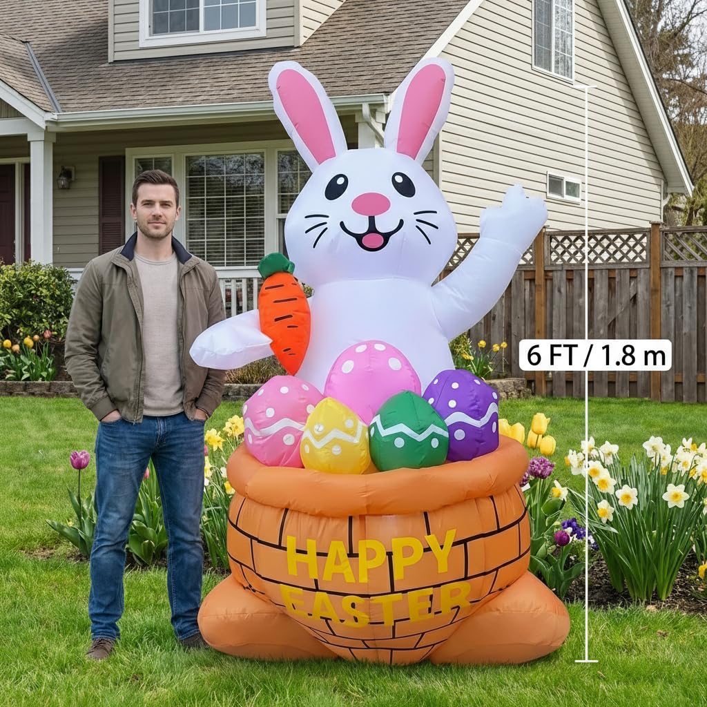 KKZACONL outdoor easter bunny setup shows stable, upright display with stakes and ropes.