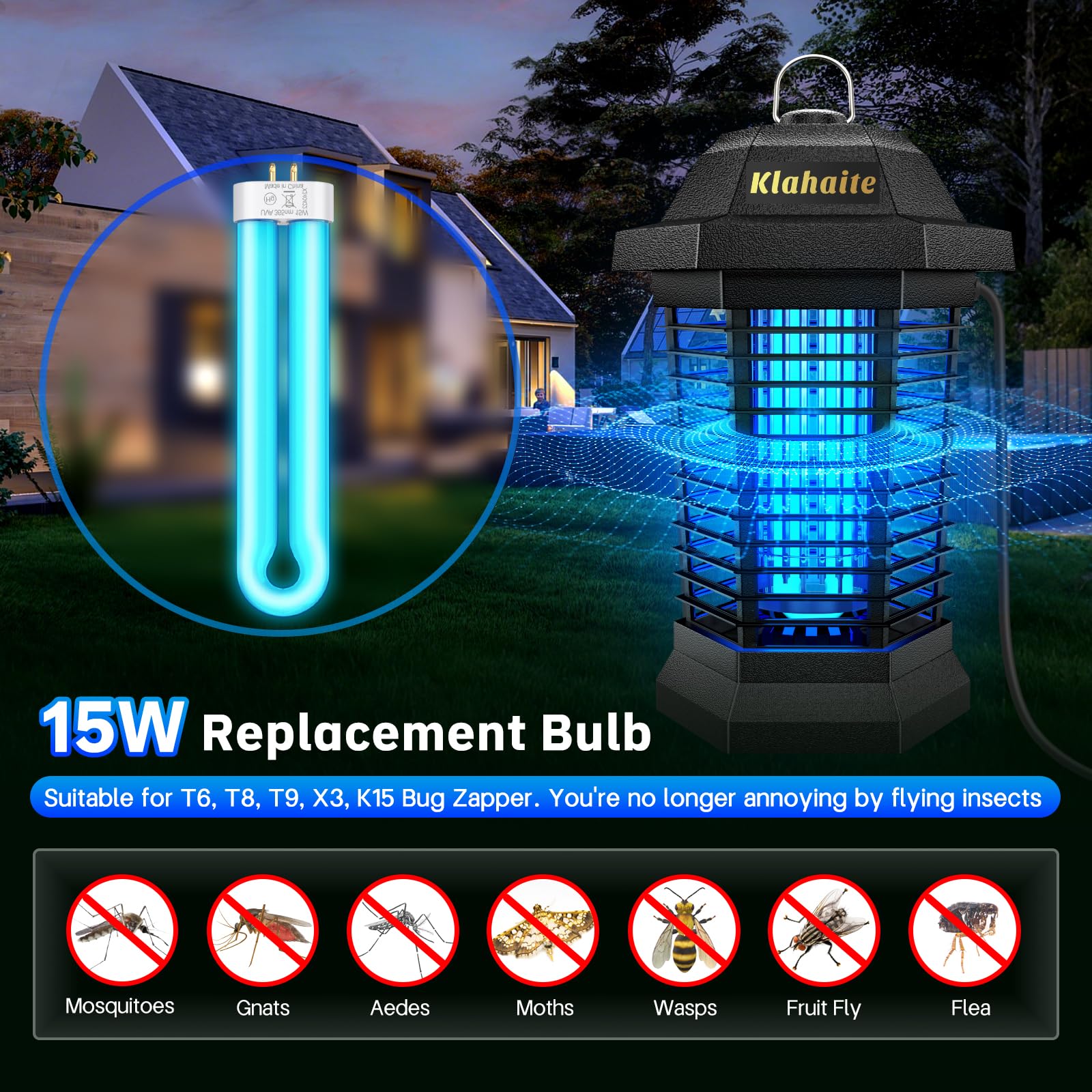 Klahaite bulb compatible with K15, X3, T6, T8, and T9 zappers for easy replacement.