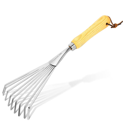 KLDOLLAR hand rake with stainless steel tines for durable leaf collection.