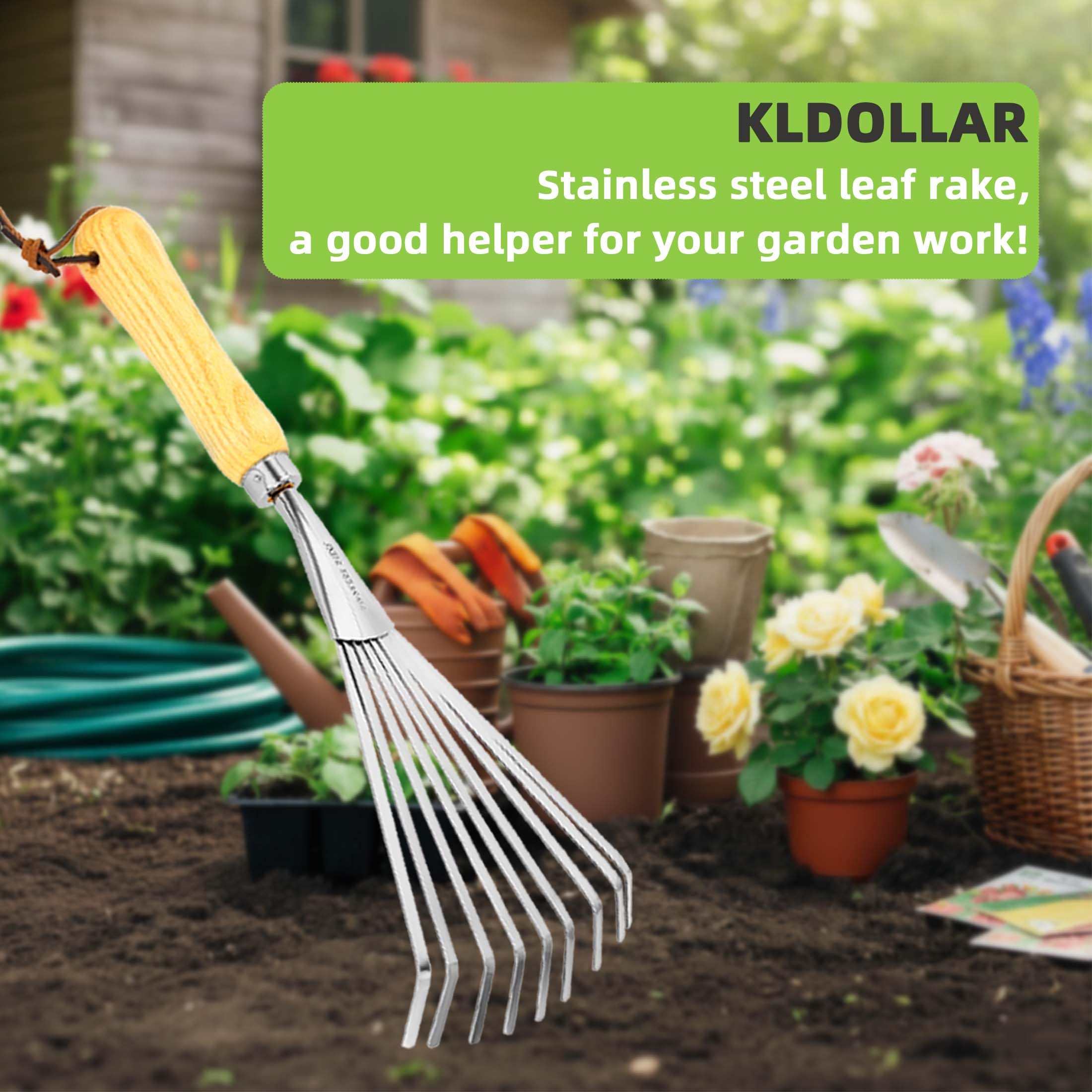 KLDOLLAR rake helps with leaf removal and bed cleanup.