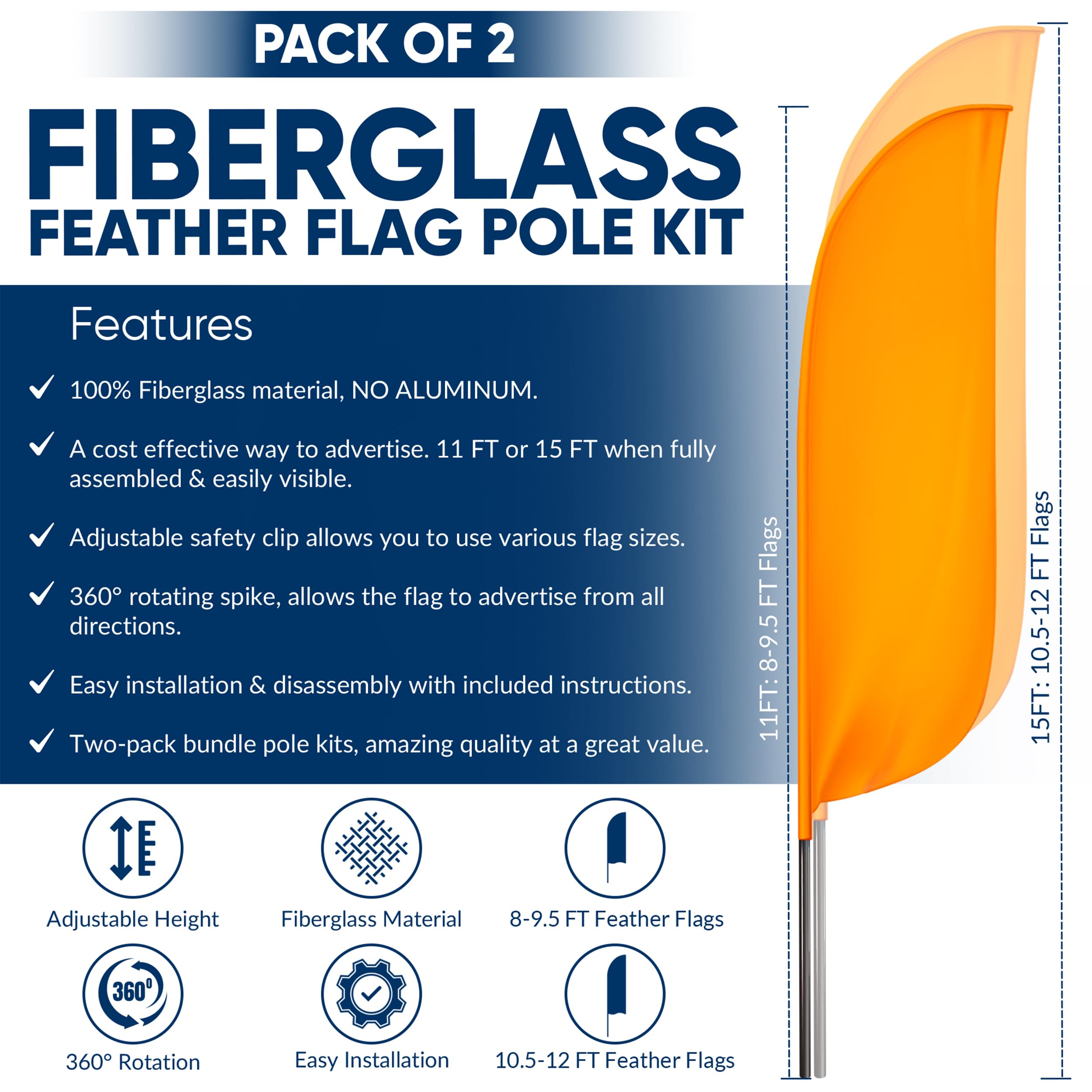 KLEXORE & CO flag pole configurations 11ft and 15ft for versatile flag sizes.