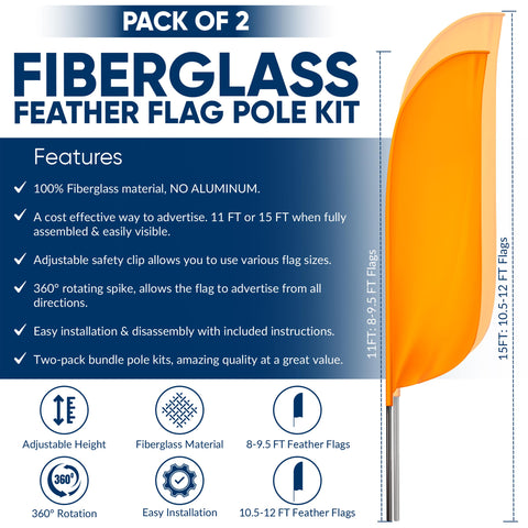 KLEXORE & CO flag pole configurations 11ft and 15ft for versatile flag sizes.