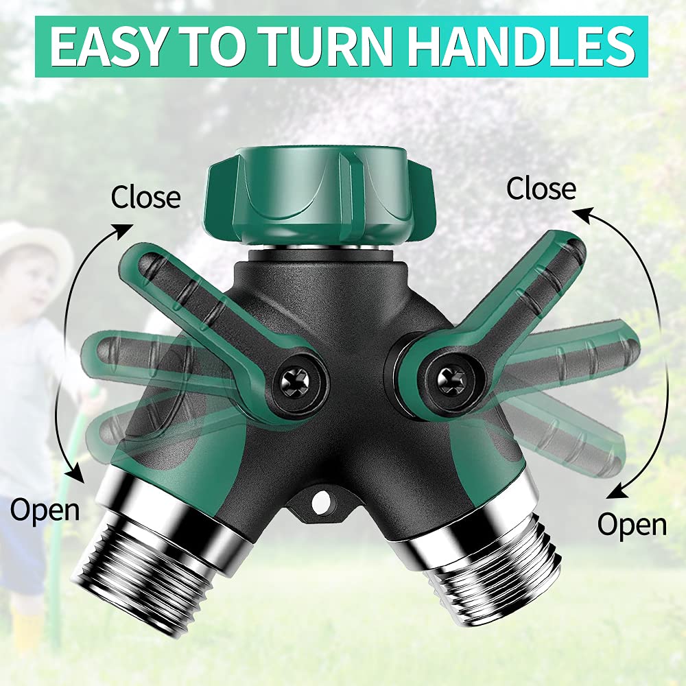 KLMNDUO garden hose splitter rubberized grip eases valve operation.