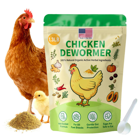 KLUORAN natural chicken de-wormer powder in bag for daily digestive balance.