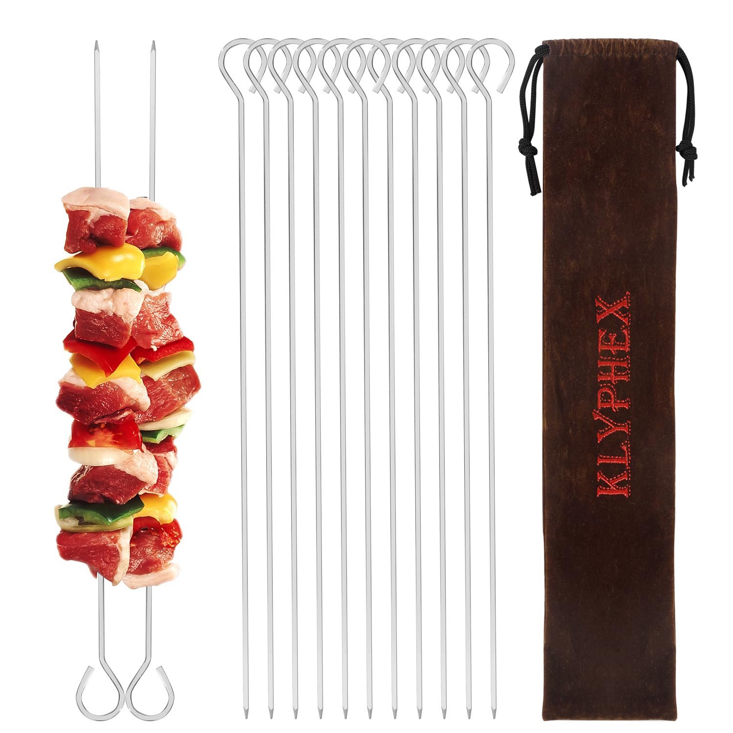 Klyphex 12-inch sharp-tip metal skewers for secure, even grilling.