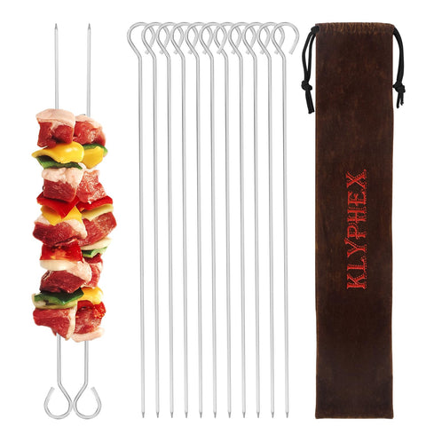 Klyphex 12-inch sharp-tip metal skewers for secure, even grilling.