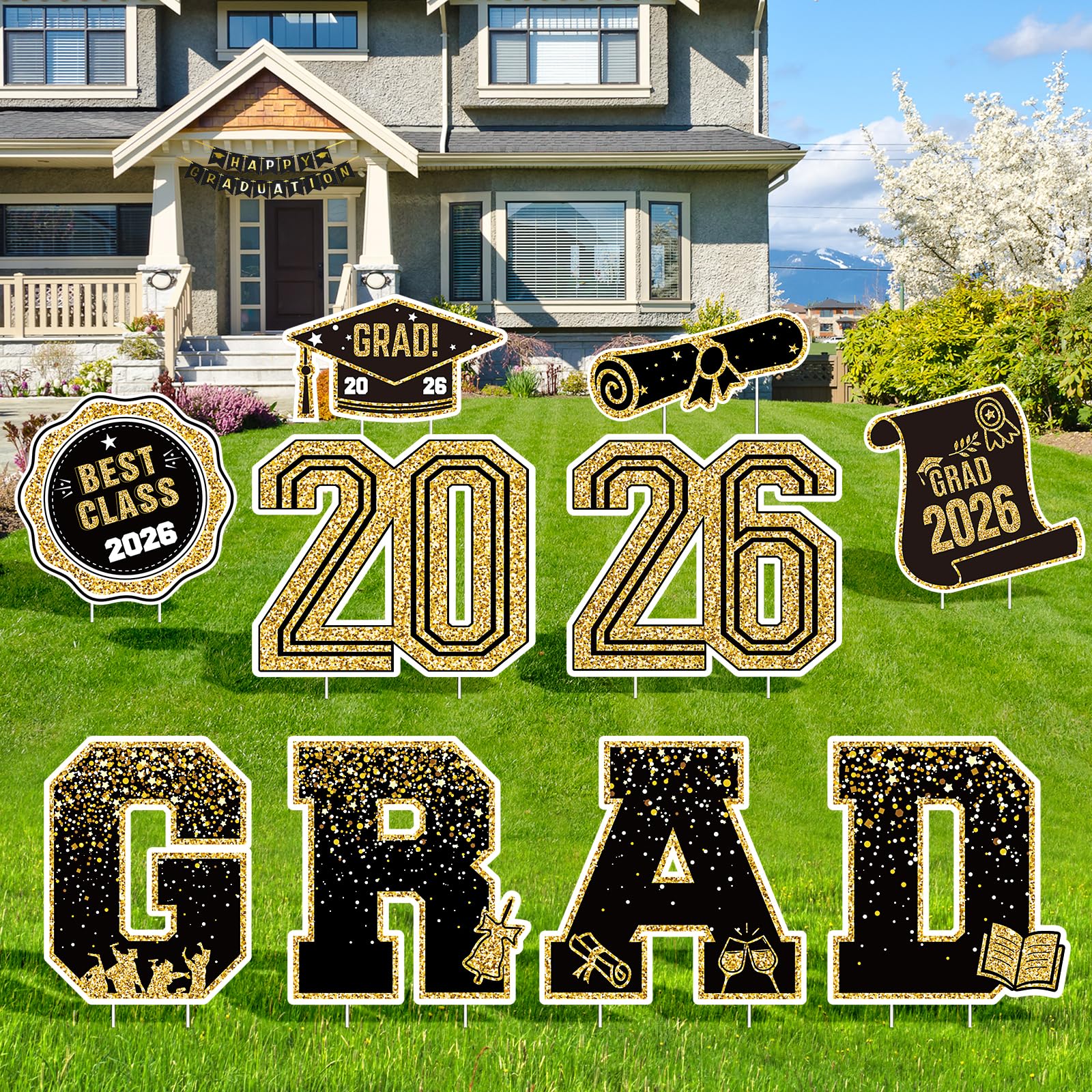 KLYRO 2026 graduation yard sign set boosts outdoor visibility for a festive celebration.