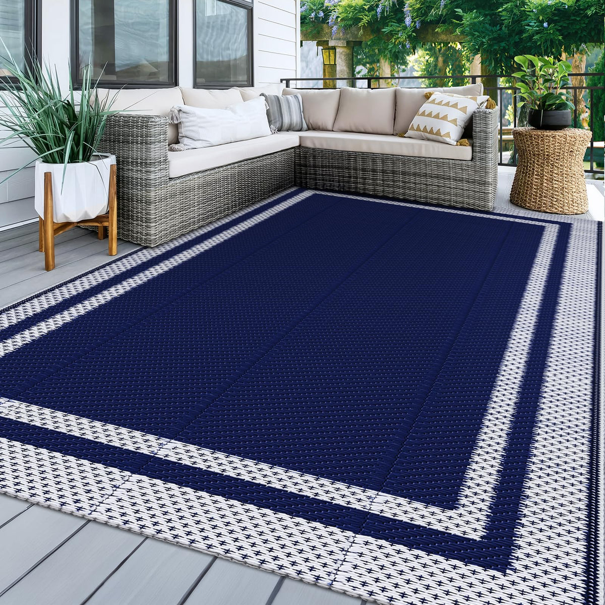 KMAT outdoor rug 5x8 blue-white foldable for portable outdoor setup