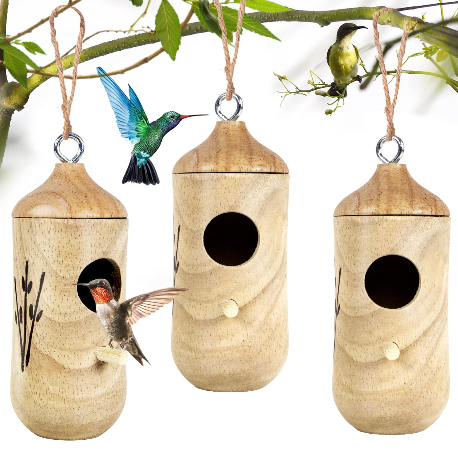 Kmise hummingbird house outdoor hanging set in natural rubber wood for eco-friendly garden decor.