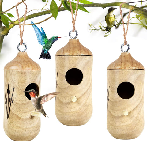 Kmise hummingbird house outdoor hanging set in natural rubber wood for eco-friendly garden decor.