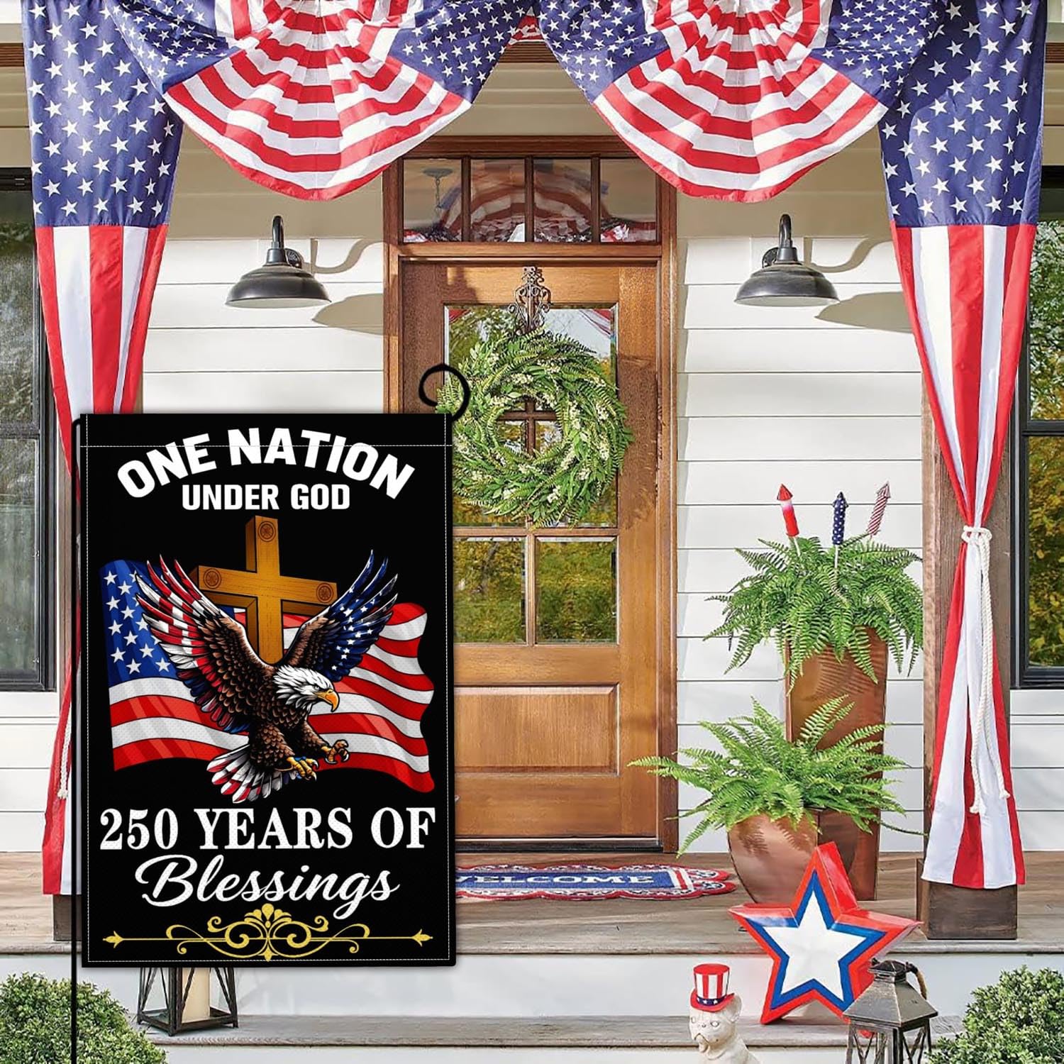 Kmxzint Outdoor display for porch or garden invites festive patriotism.
