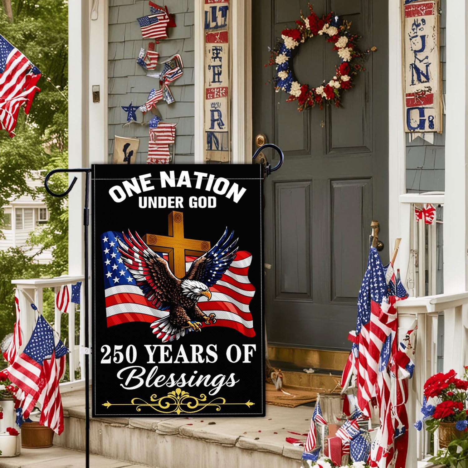 Kmxzint Patriotic yard flag hanging setup shows easy outdoor installation.