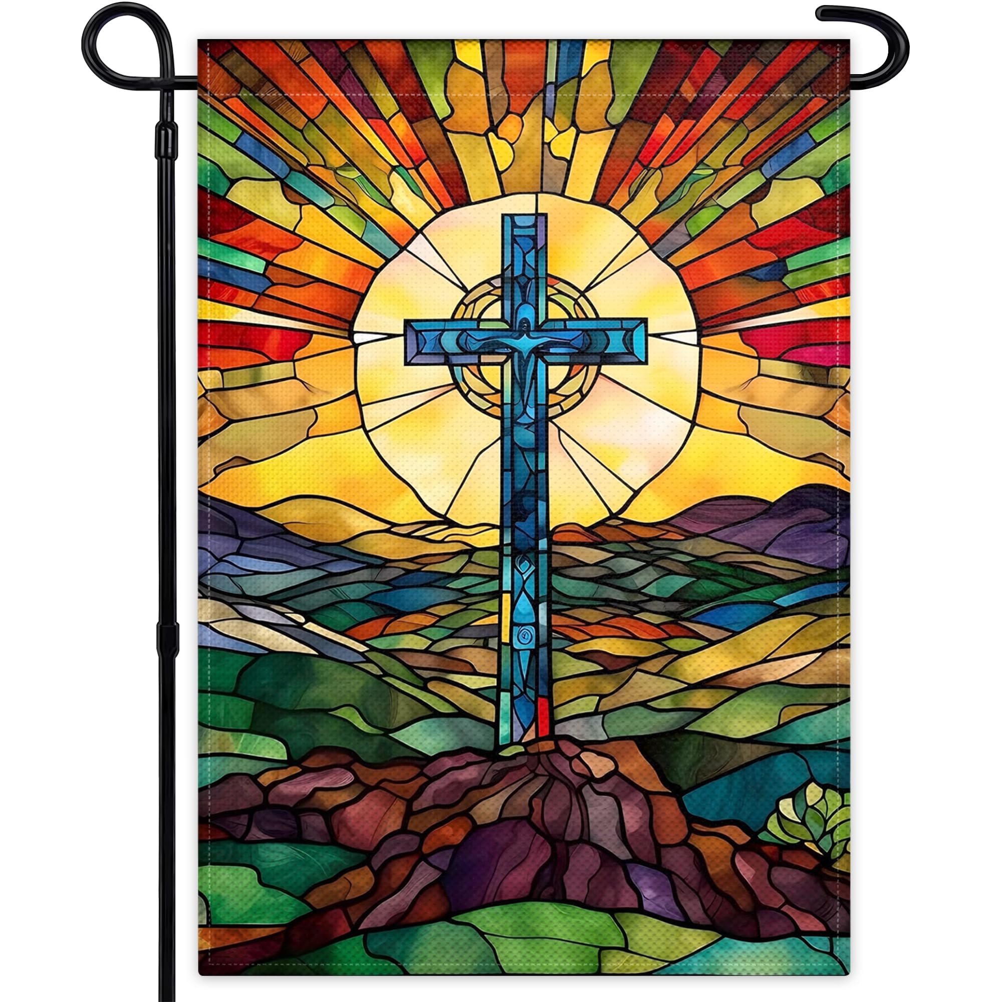 KNAPAL double-sided stained glass cross flag for outdoor display