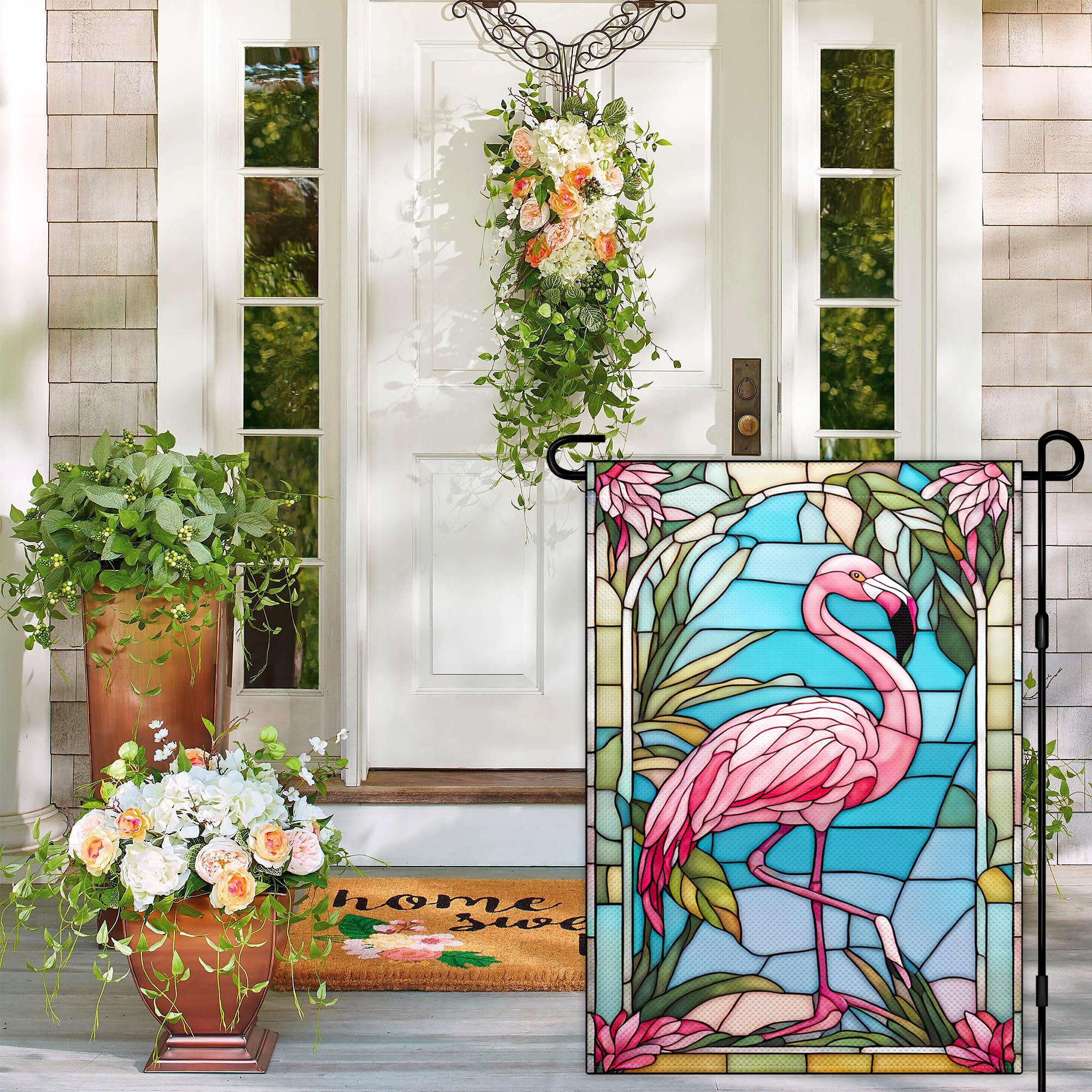 KNAPAL Hello Sunshine flamingo flag showcases double-sided print for vibrant visibility.