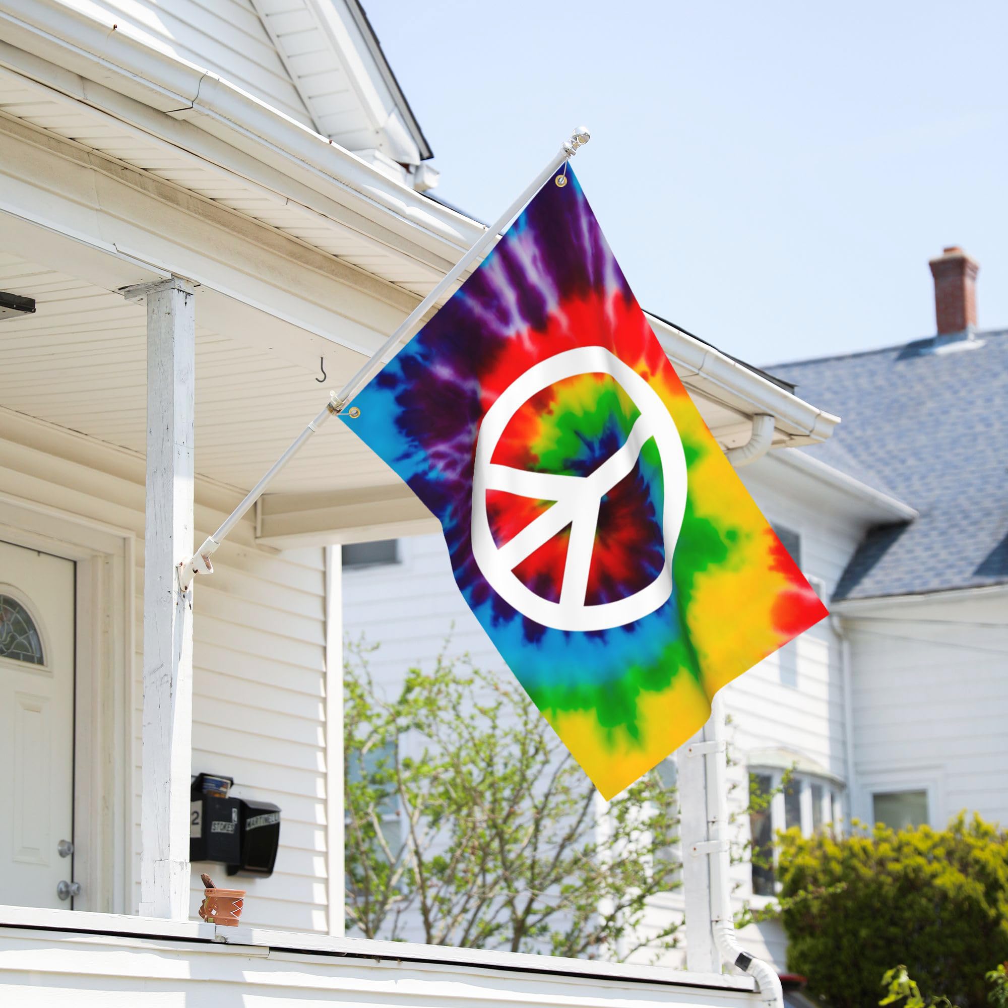 KNAPAL Rainbow peace sign flag hangs on wall or pole.