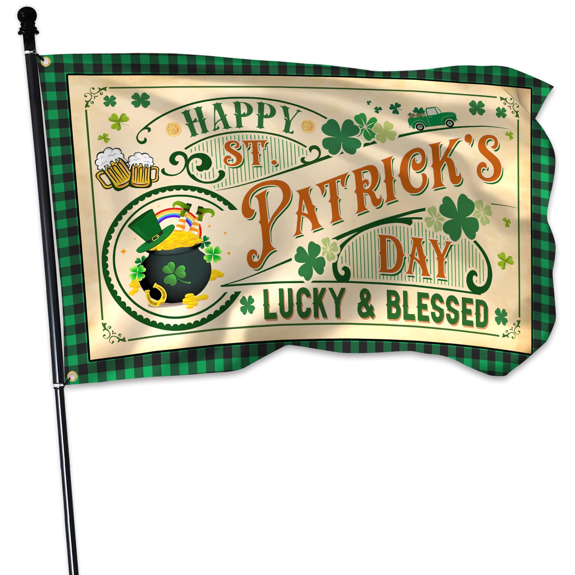 KNAPAL St Patrick's Day flag outdoors 3x5 with vibrant double-sided shamrock design for yard decor.