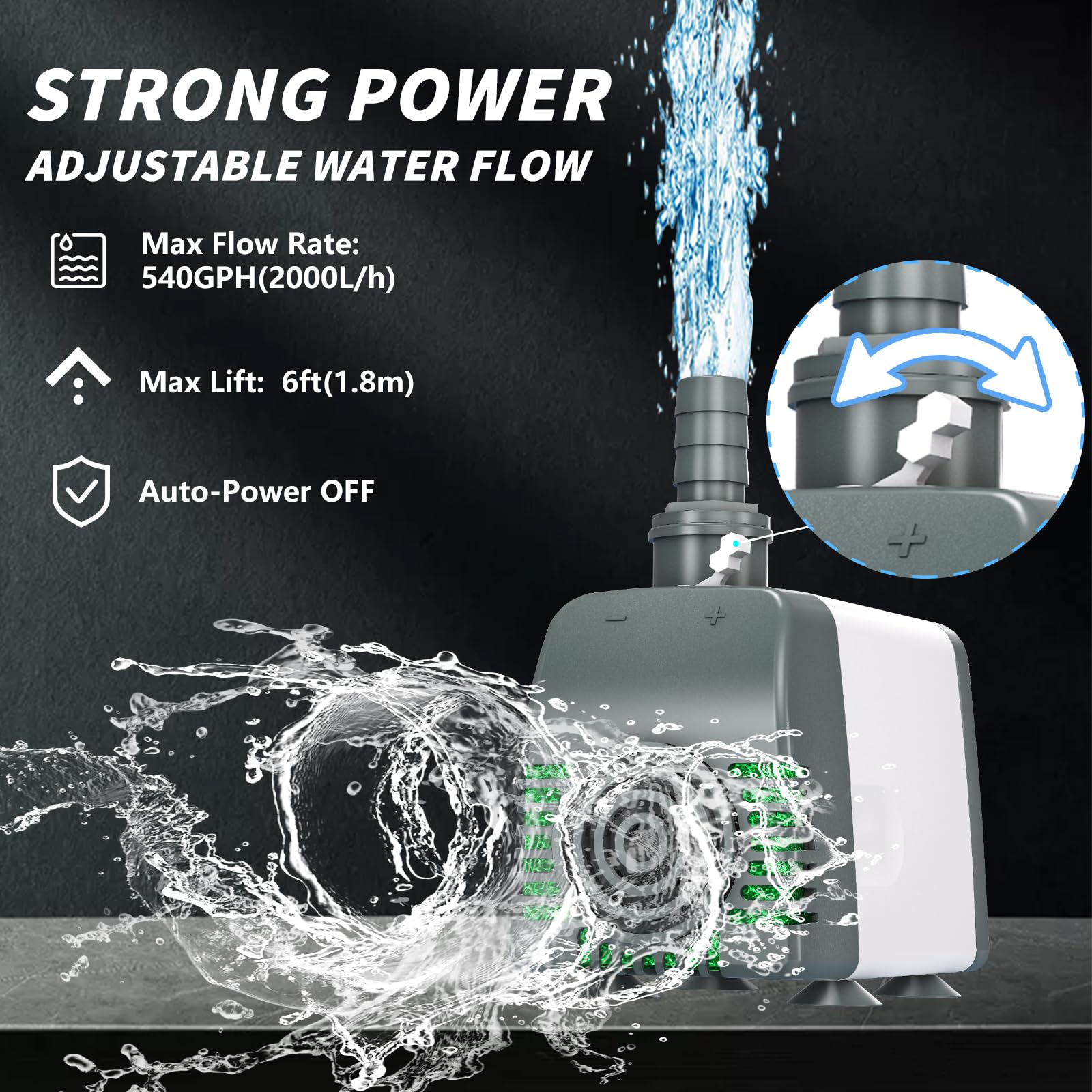 Knifel 540GPH submersible pump adjustable flow knob enabling precise pressure control.
