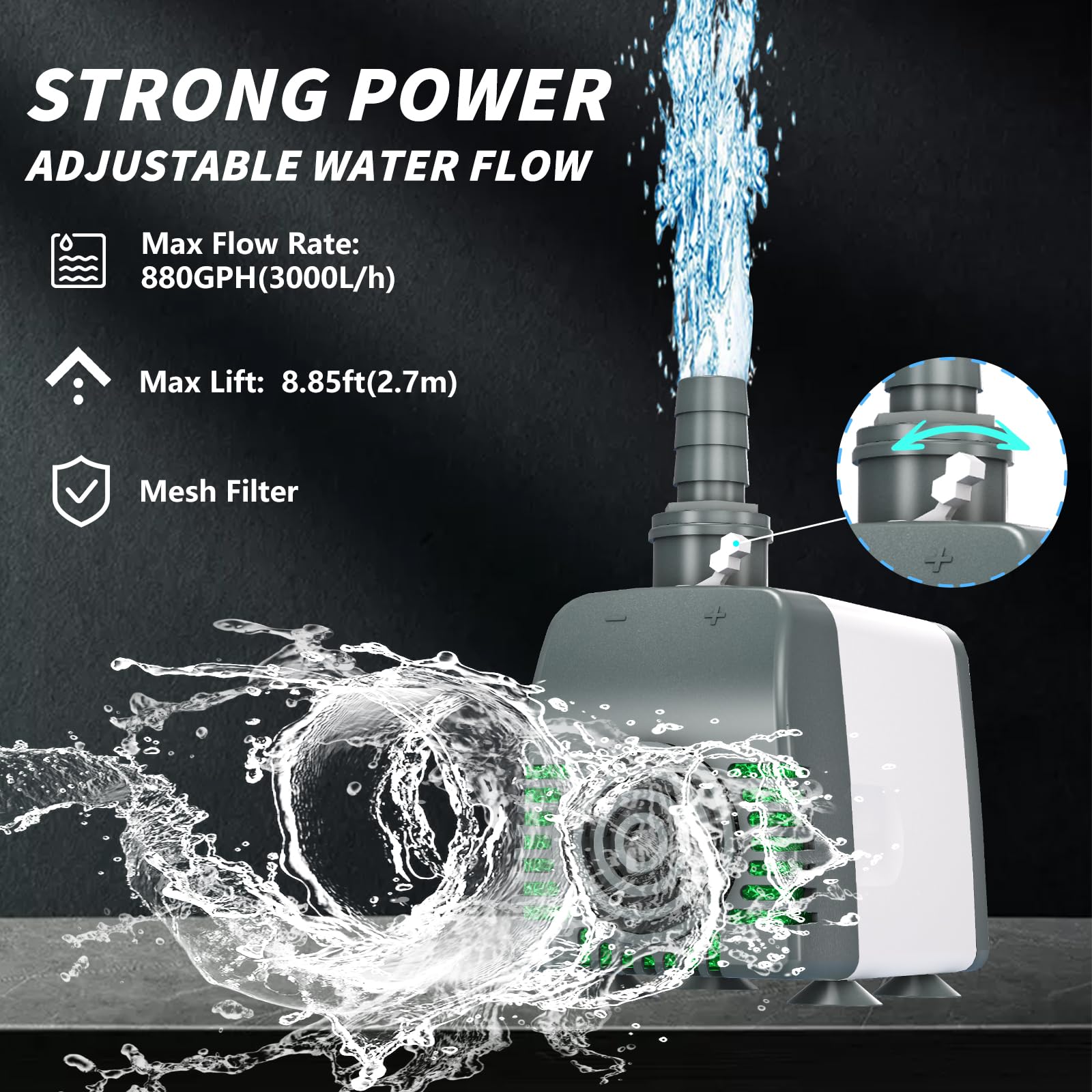 Knifel 880GPH foam-filter attachment prevents debris entry into the pump
