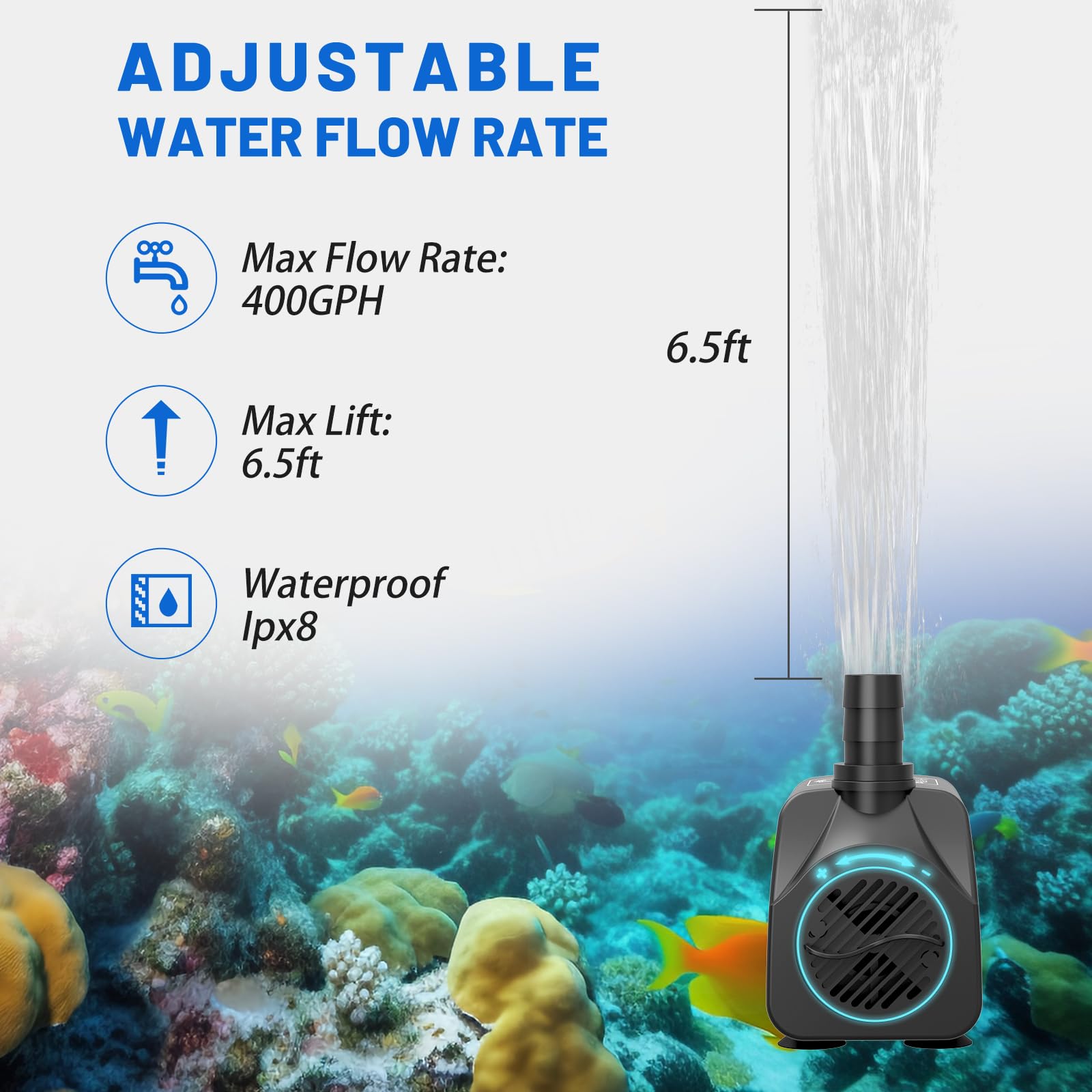 Knifel submersible pump 6.5ft lift supports elevated fountains and ponds.