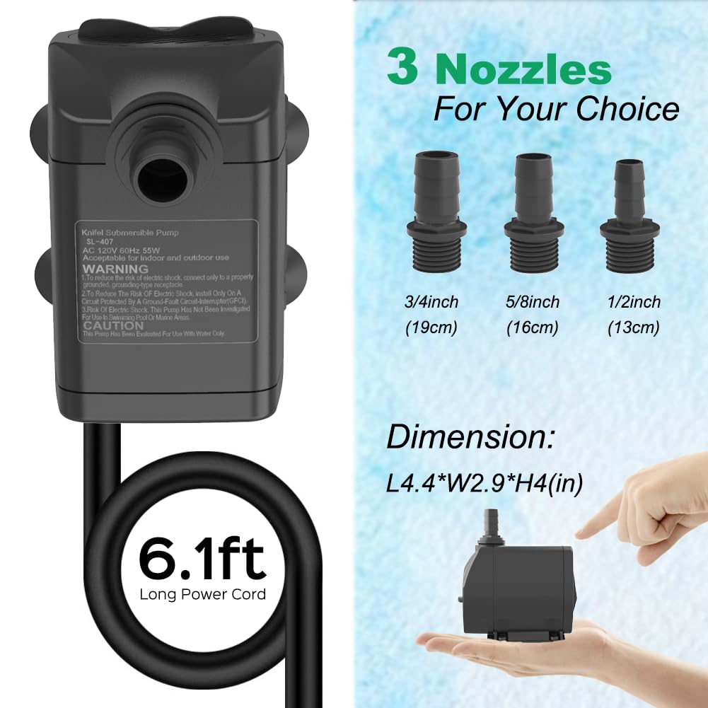 Knifel submersible pump lifting water up to 8.2 feet in a setup.