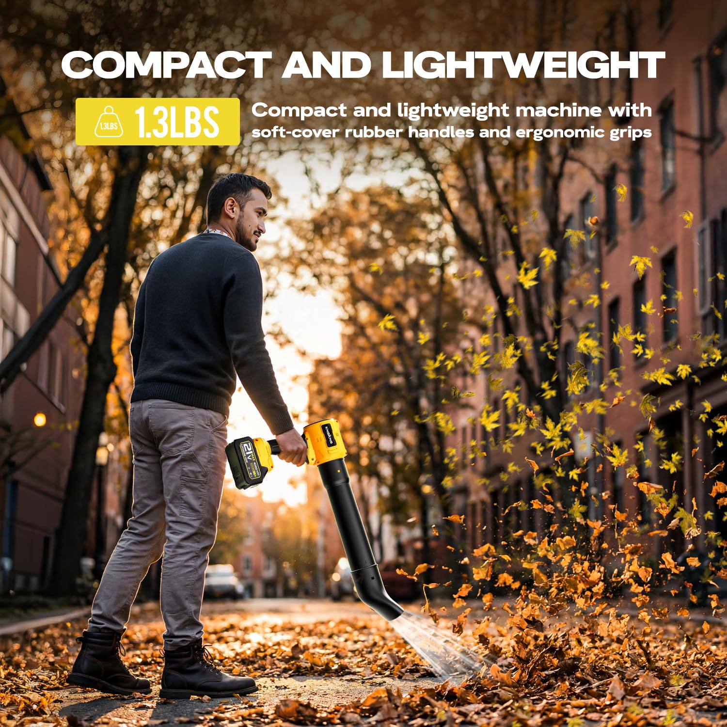 KNSKNS cordless leaf blower packaged kit shows complete setup with accessories.