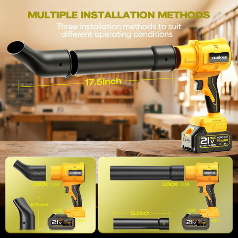 KNSKNS cordless leaf blower side view highlights lightweight handling for long sessions.