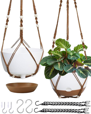 Koalaime 2-pack hanging planters with caramel hanger highlight stylish indoor display and self-watering benefits.