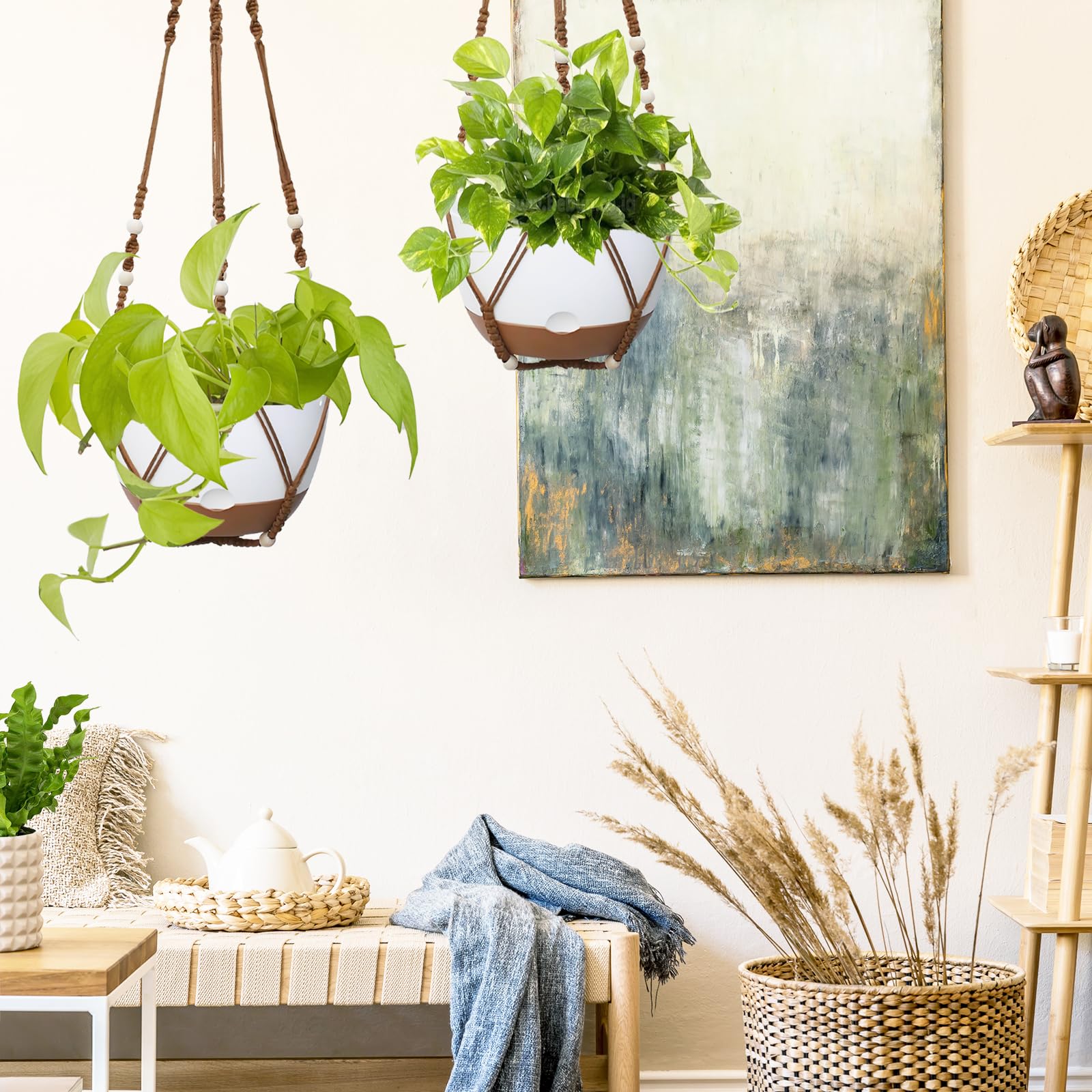 Koalaime 2-pack hanging planters with white finish add clean, modern appeal to indoor and outdoor spaces.