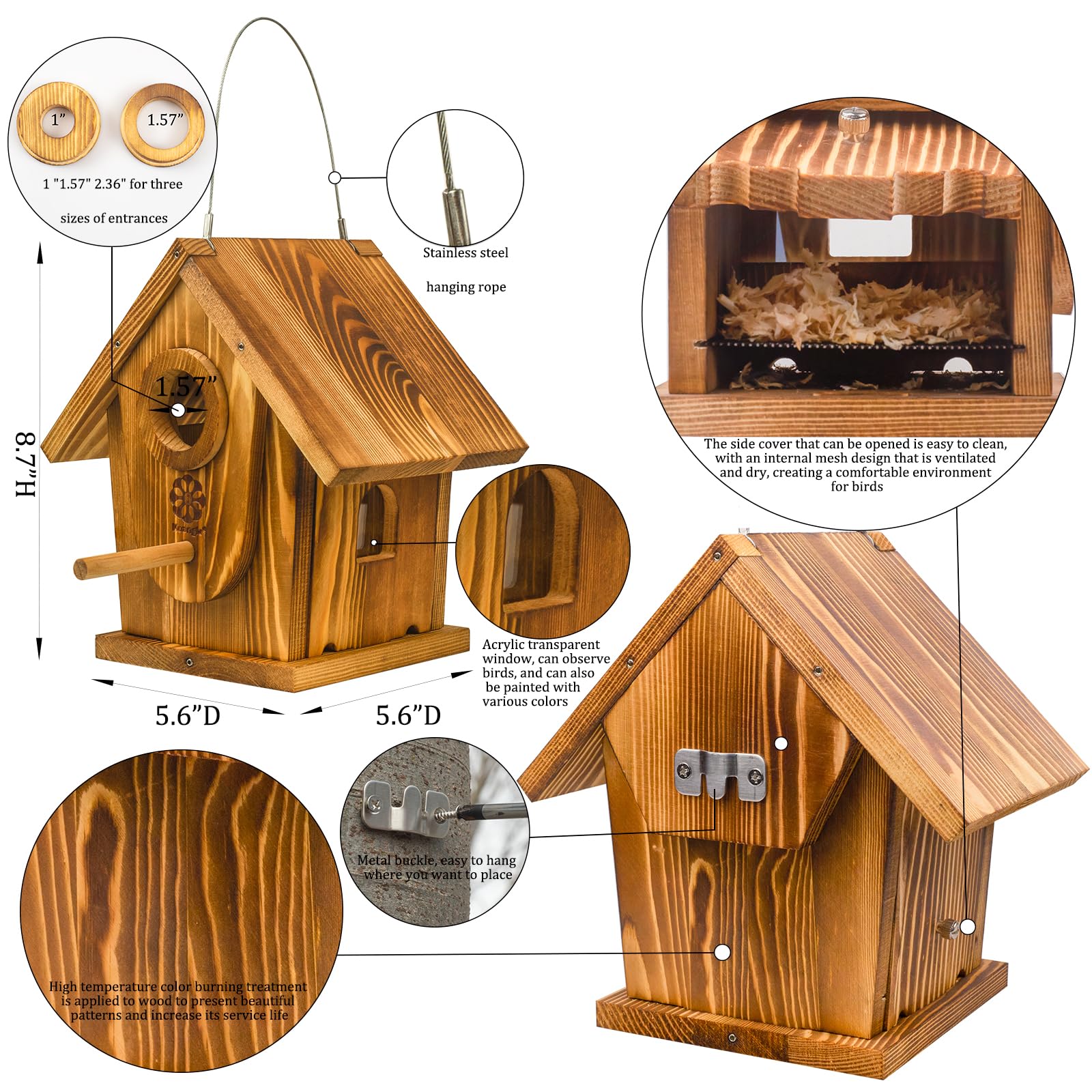 Koangle bird house with three entrances, adaptable for several small bird species.