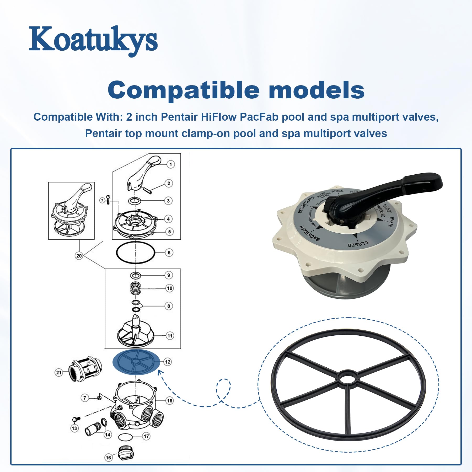 Koatukys gasket with Pentair HiFlow valve multiport compatibility graphic.
