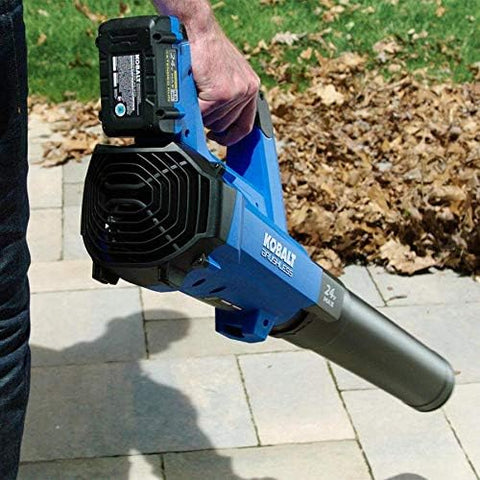 Kobalt 24V leaf blower delivers 410 CFM at 100 MPH for thorough driveways and sidewalks.