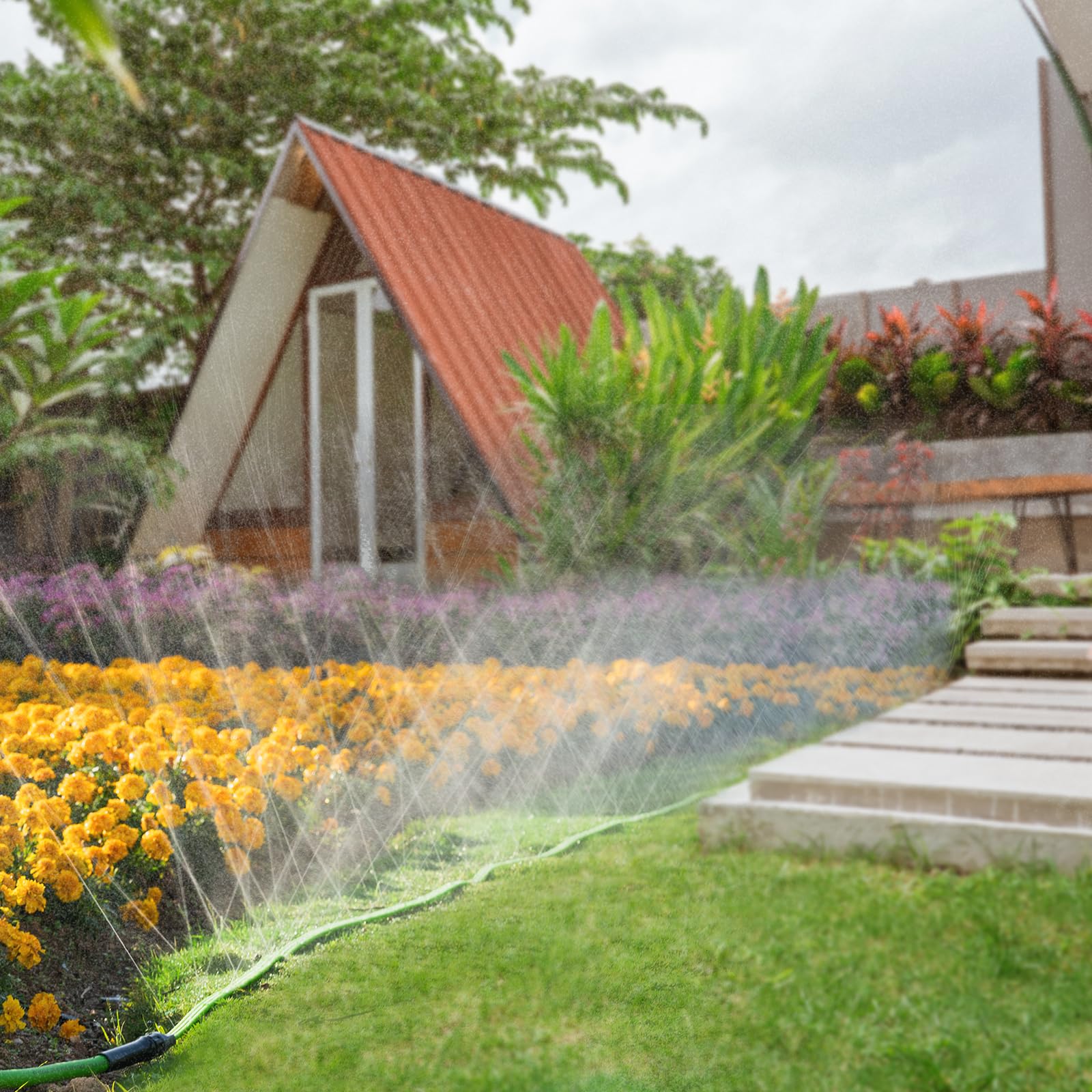 KOBAZ sprinkler hose misting covers lawns evenly at low pressure.