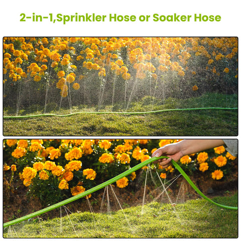 KOBAZ sprinkler hose with stakes keeps the line flat during watering.