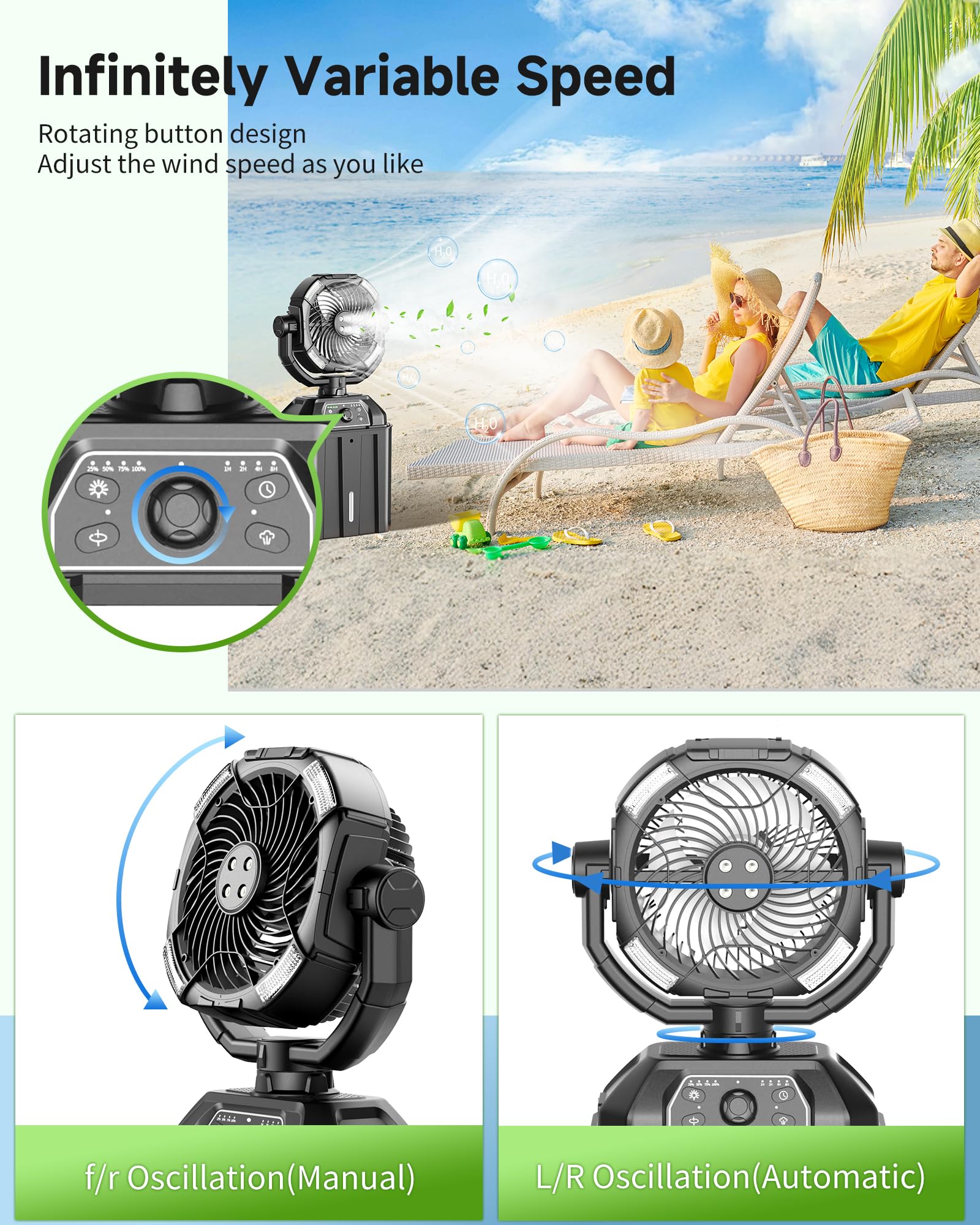 Kocyare misting fan infinite speed control knob for precise breeze