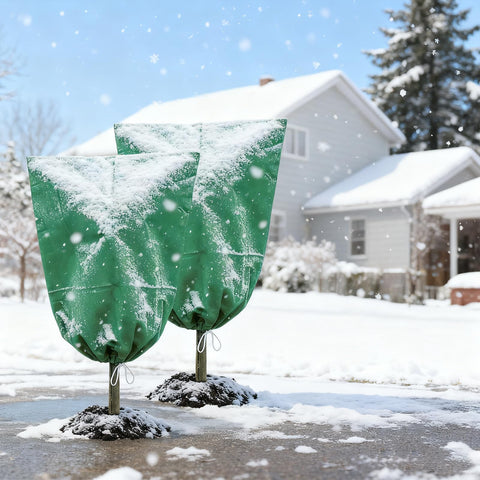 KOEVSU frost blankets protecting shrubs, flowers, and vegetables outdoors