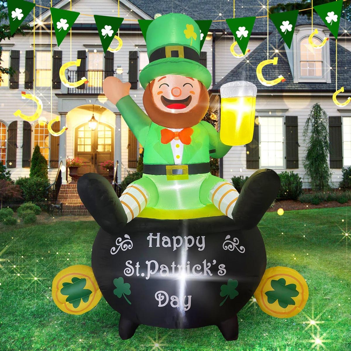 Kofero Leprechaun 6ft inflatable in garden with vibrant LED lights for night visibility.