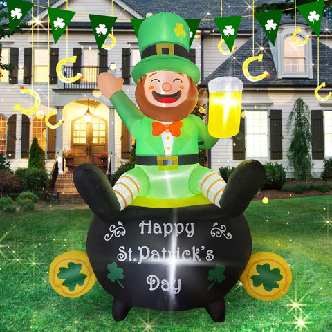 Kofero Leprechaun 6ft inflatable in garden with vibrant LED lights for night visibility.
