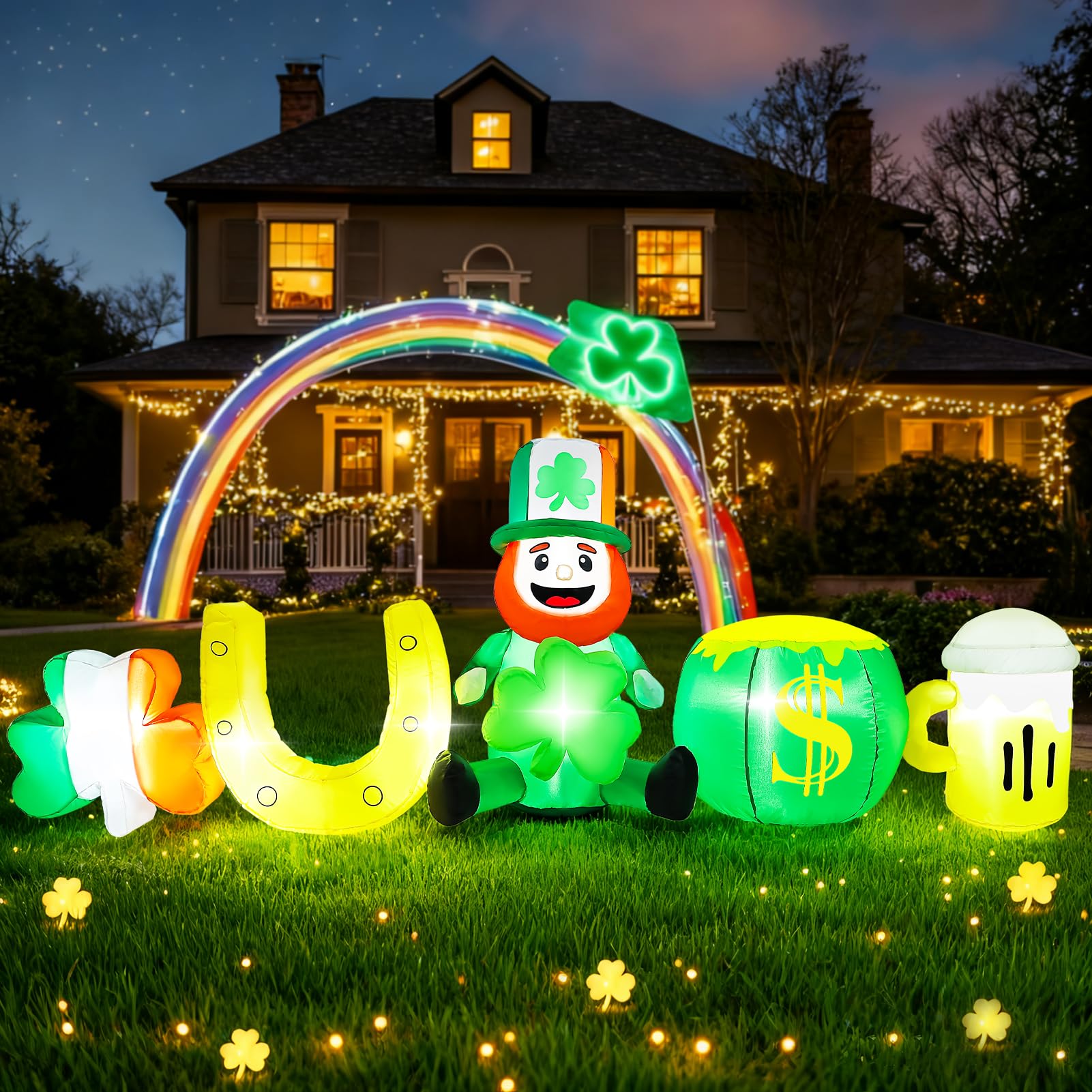 Kofero Leprechaun with shamrock inflates for a vibrant yard display.