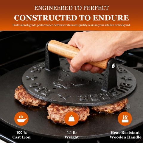 KOGIGA 8.7-inch round press in action for perfect smash burgers.