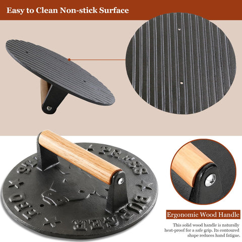 KOGIGA cast iron press closeup highlighting heat retention for even cooking.