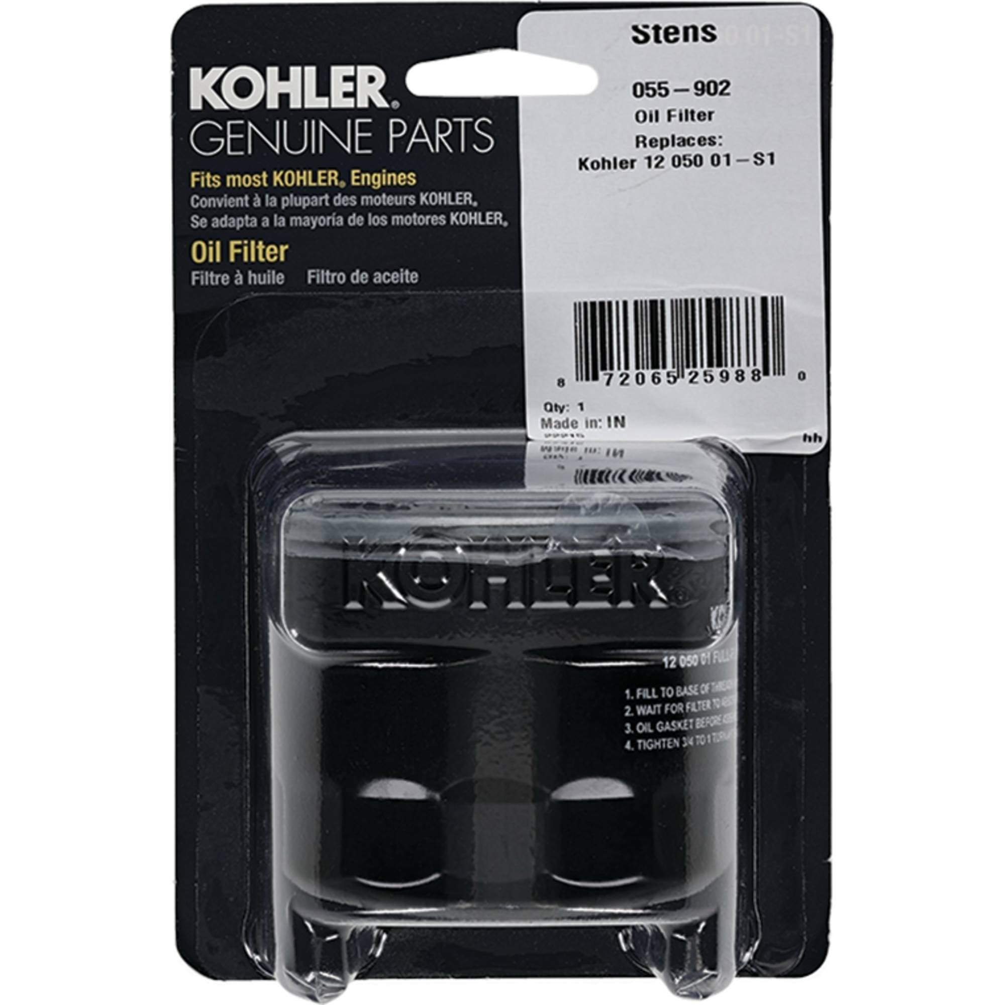 Kohler oil filter on bench demonstrates routine maintenance readiness.