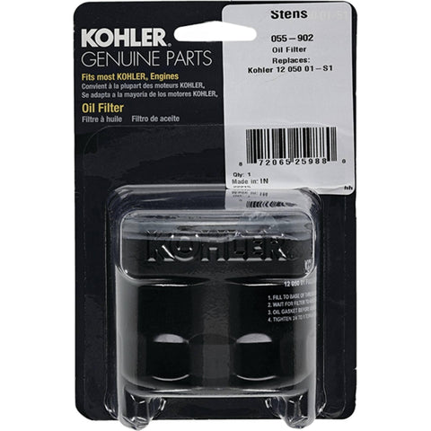 Kohler oil filter on bench demonstrates routine maintenance readiness.