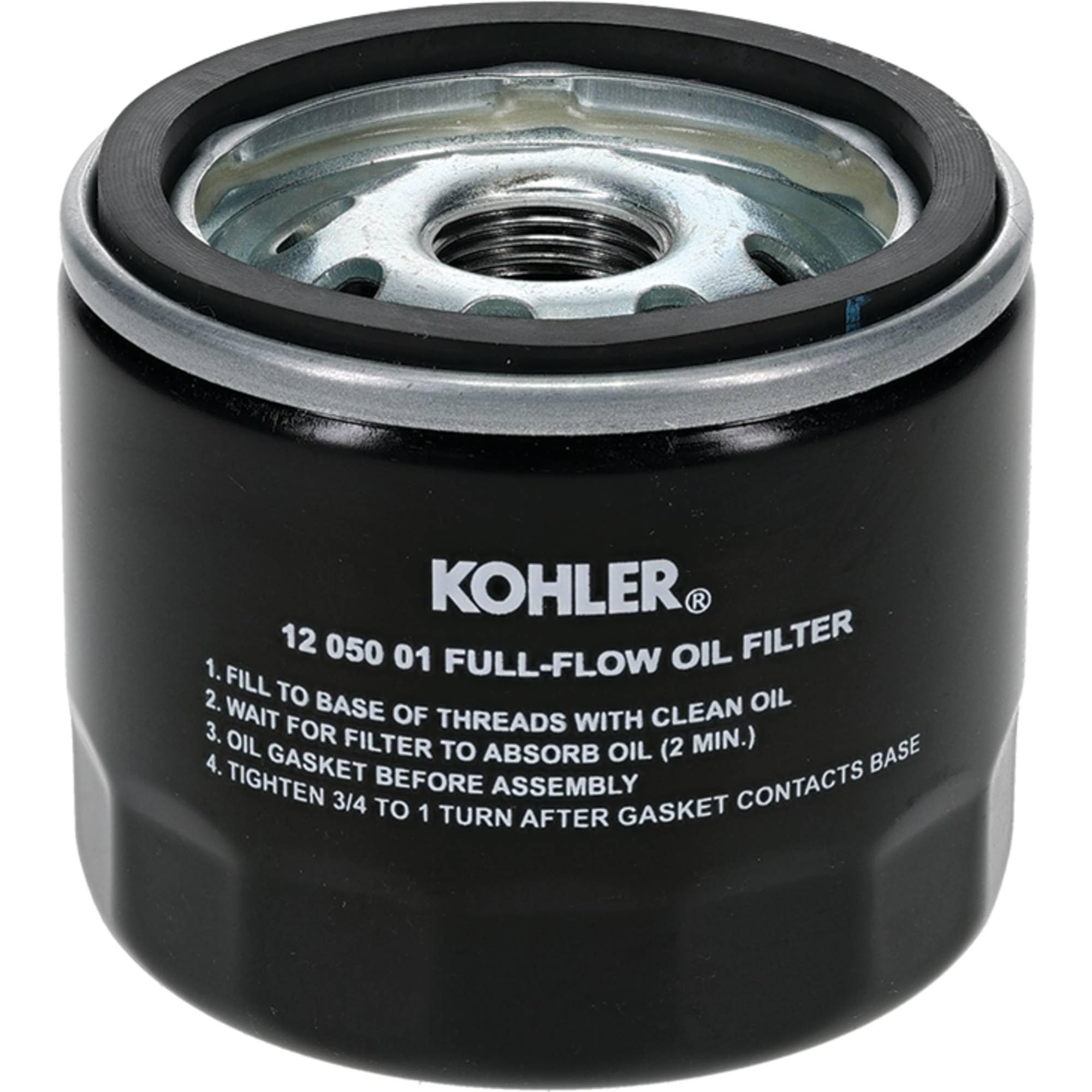 Kohler oil filter side view highlights compact design for quick replacement.